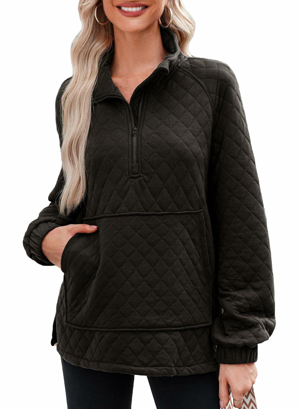 Dokotoo Women’s Oversized Quilted Half Zip Sweatshirt Black M Casual